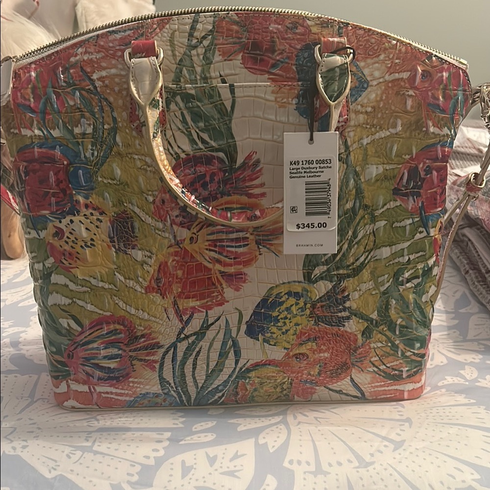 Brahmin Red and Green Floral Tote Bag